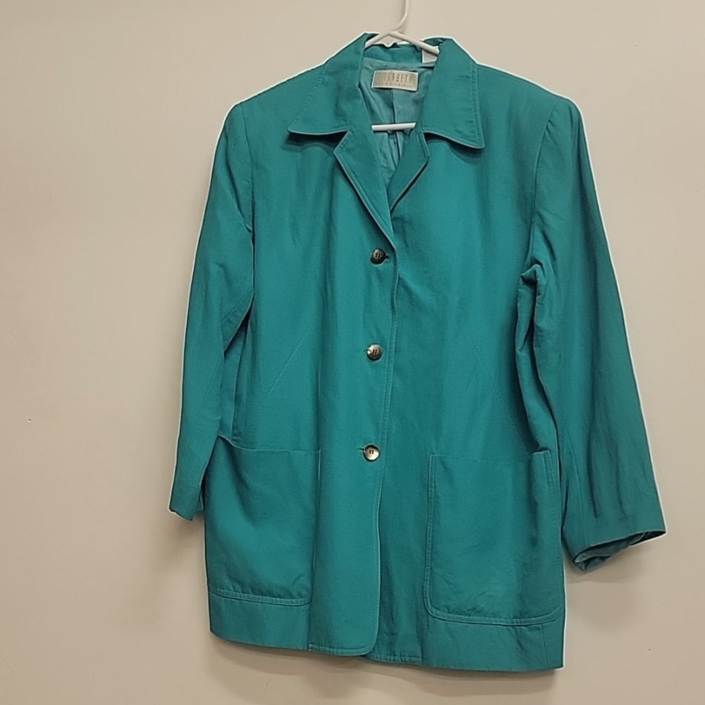 Turquoise Linen Rayon Elizabeth by Liz Claiborne Jacket 14 Y2K 90s